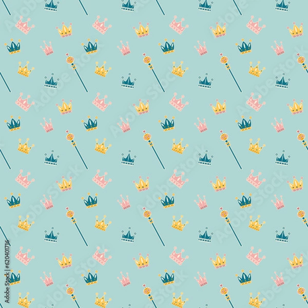 Obraz Crowns and sceptre seamless pattern. Flat illustration. Cartoon flat royal wrapping paper.