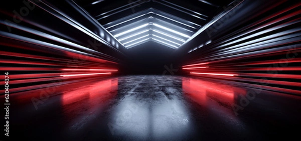 Obraz Futuristic Sci Fi Cyber Neon Laser White Blue Red Lights Metal Stripe Glossy Barn Garage Studio Showroom Tunnel Corridor Underground Concrete Warehouse Room 3D Rendering