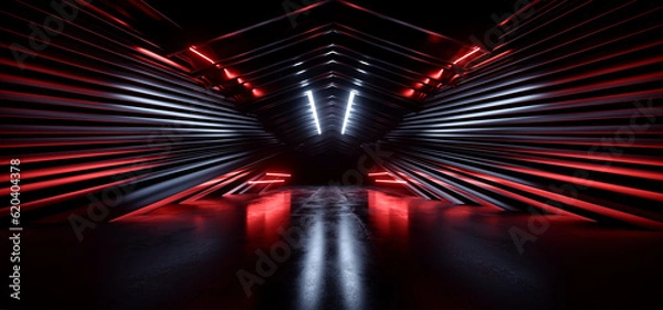 Obraz Futuristic Sci Fi Cyber Neon Laser White White Orange Lights Metal Stripe Glossy Barn Garage Studio Showroom Tunnel Corridor Underground Concrete Warehouse Room 3D Rendering