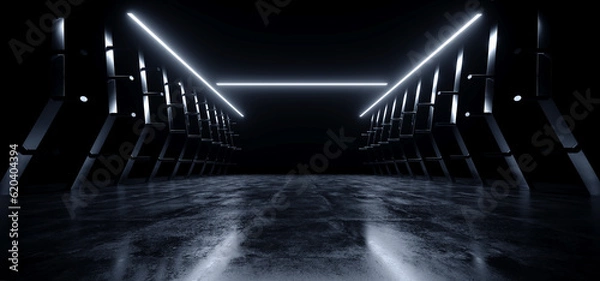 Obraz Ciemne futurystyczne science cyber Neon Laser Lights Stripe Metal Stripe Glossy Barn Garage Studio Showroom Tunnel Korytarz Underground betonowe pokój magazynowy 3D Rendering 3D Rendering