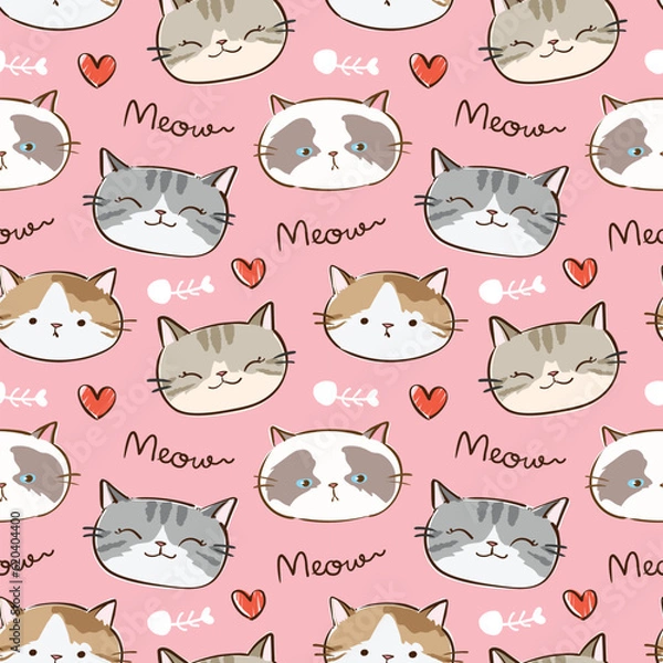 Fototapeta Seamless Pattern of Cartoon Cat Face, Heart and Fish Bone Design on Pink Background