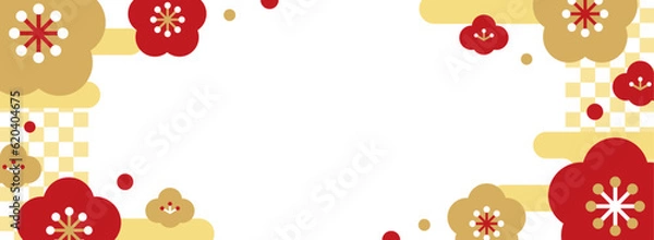Obraz 梅の花と市松模様のフレーム・背景素材（バナー向け横長）