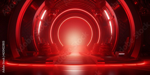 Fototapeta Futuristic luxury stand in red color backdrop background, AI Generative