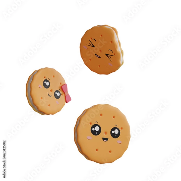 Fototapeta 3D illustration Cookies, smiley face made of cookies, 3D icon Cookies