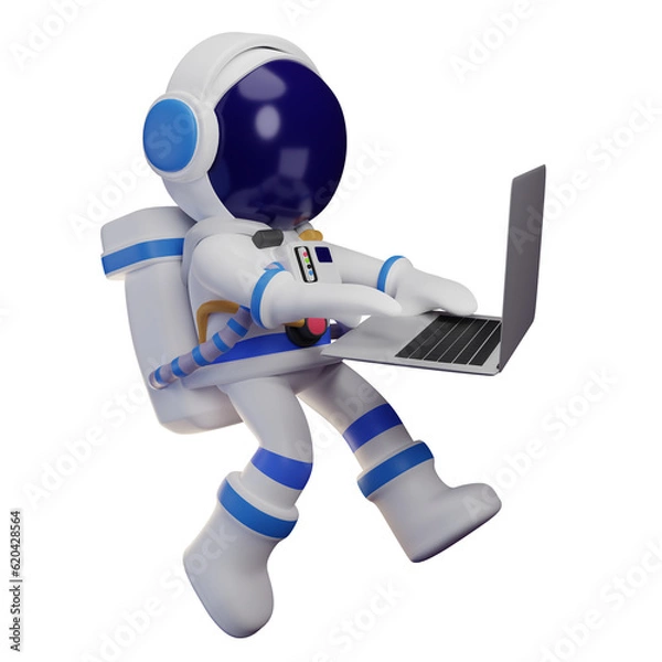 Fototapeta Astronaut 3D character, High quality rendering, business 3D illustration, Laptop