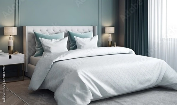 Obraz Cozy white sofa with white bed linen and pillows. Creating using generative AI tools
