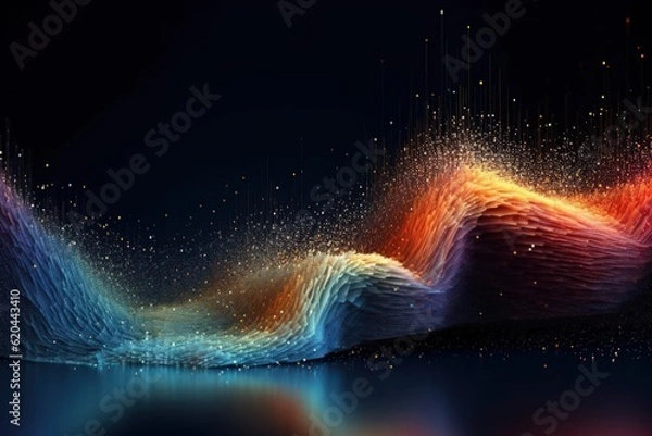 Obraz Visualization of sound waves. Abstract futuristic background with colorful glowing neon moving high speed wave lines and bokeh lights. Data transfer concept. Fantastic wallpaper. Generative AI