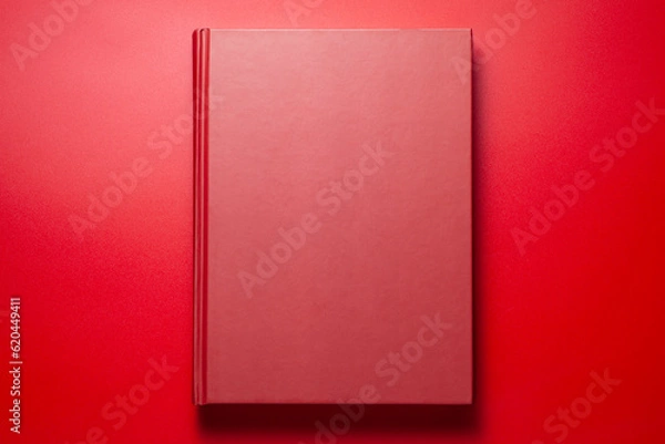 Obraz A red book on red background, Top view.