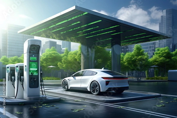 Obraz Ev charging station, green energy power, ev car