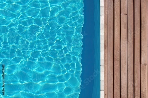Fototapeta Poolside paradise. Top view of an empty outdoor pool with wooden board on beautiful relaxing background