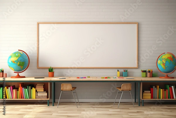 Fototapeta Empty school classroom with blackboard, back to school, education concept, AI Generative. .