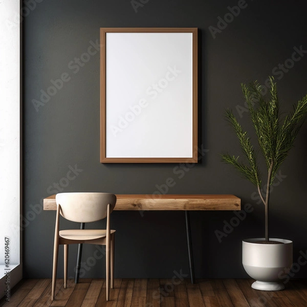 Fototapeta a single large wooden vertical frame mockup on a dark wall in a minimalist house created by generative AI