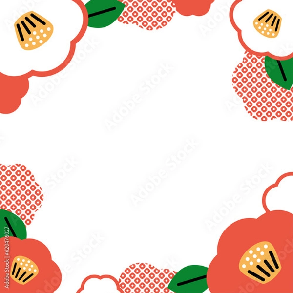 Fototapeta 紅白ツバキと鹿の子模様のフレーム・背景素材（正方形）