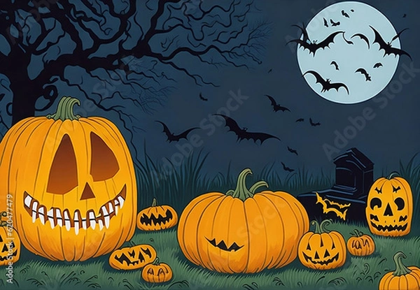 Fototapeta Halloween greeting card - pumpkins and a skeleton in the cemetery at night, Generative AI, Generative, AI