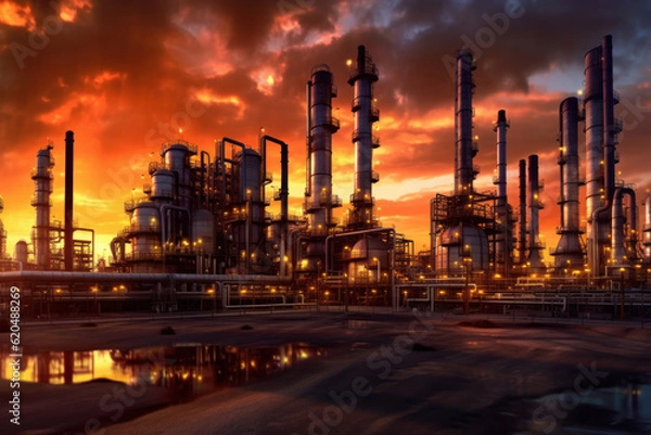 Fototapeta Petrochemical Refinery Complex in the morning, with its industrial structures and chimneys rising against the scenic backdrop. Generative AI.