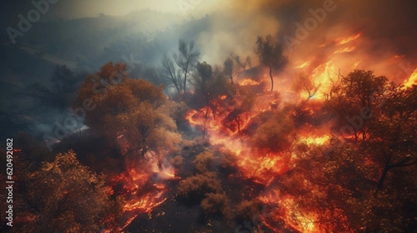 Obraz Devastating phenomenon of wildfires. The power and destructive nature of these uncontrollable blazes, Generative Ai
