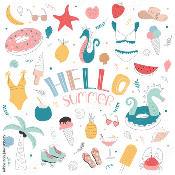 Obraz Set of cute doodle cartoon summer elements with lettering Hello summer: ice cream, swimwear, pool ring, fruits, seashells, etc. Summer time concept for posters, stickers, design, scrapbooking.