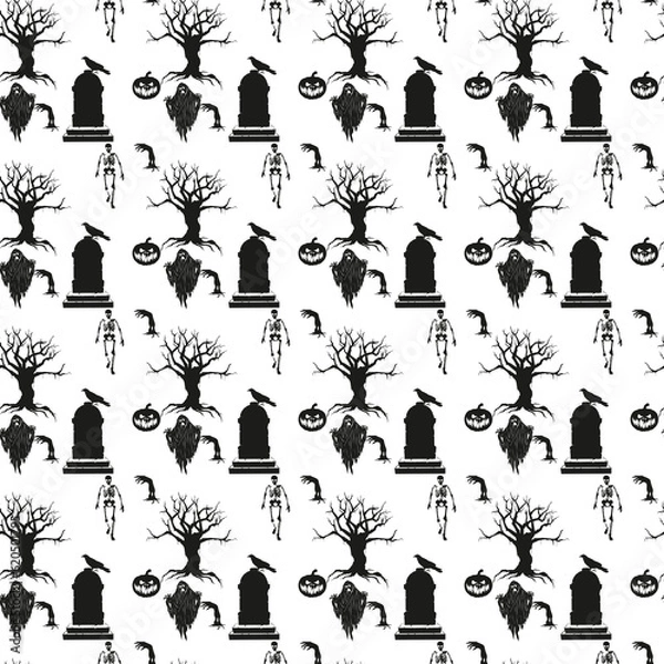 Fototapeta Colorful Happy Halloween seamless pattern background for spooky holiday design. October words for trick or treat banner, background, paper, or textile.