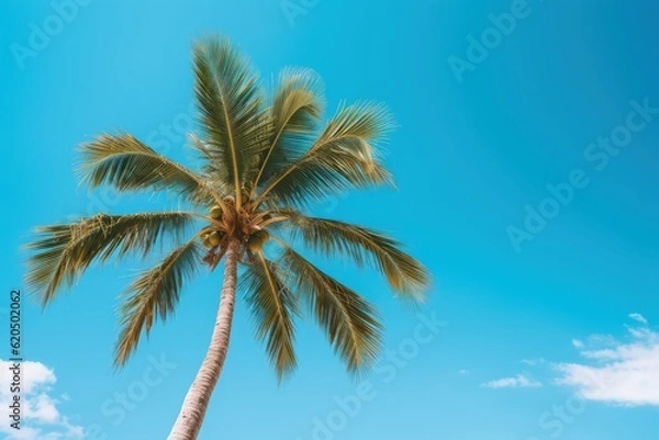Fototapeta Tropical palm tree against a blue sky. Generative AI
