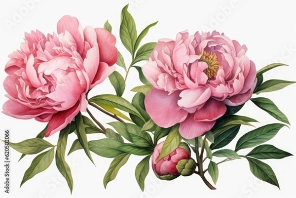 Fototapeta  Watercolor peony flowers and green leaves separated Generative AI
