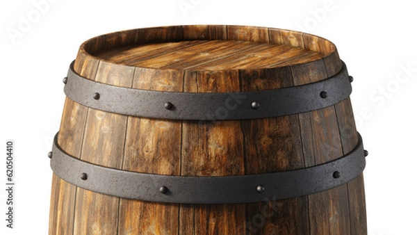 Fototapeta Close up view of the top of a wooden barrel isolated on empty background. 3D Rendering