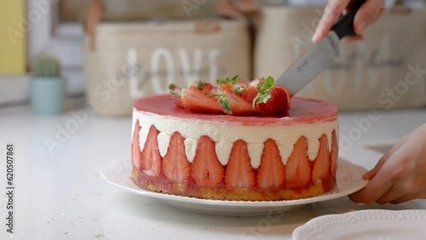 Obraz Close-up of a woman's hands cuts a fresh strawberry cake