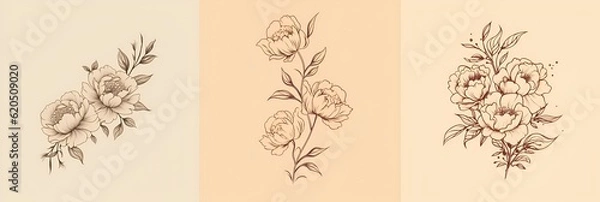 Fototapeta Set of sketch of a tattoo blooming flowers in a bouquet and on branches on a beige background, AI generated
