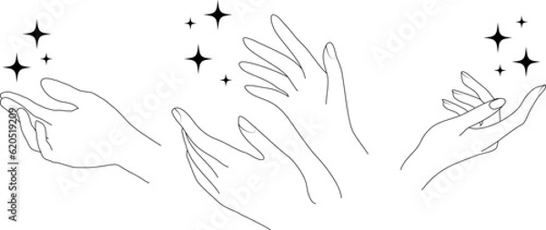 Obraz hand drawing sketch, Woman's hand holding  stars, magic mystical symbol. Abstract logo template for your design, line art style.hand drawing sketch, Woman's hand holding  stars, magic mystical symbol.