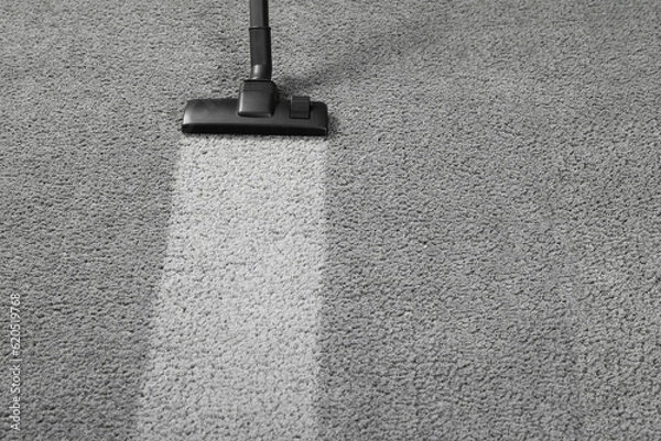Obraz Vacuuming grey carpet. Clean area after using device. Space for text