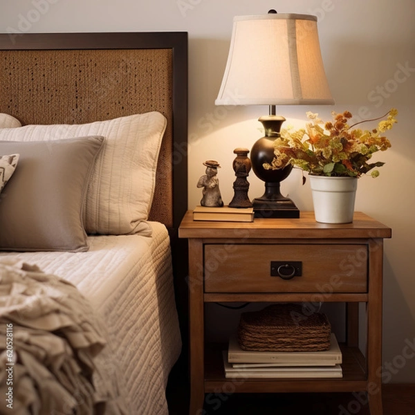 Obraz A table lamp, a bed and a bedside table, boho style