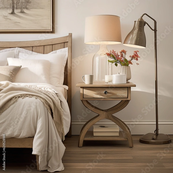 Obraz A table lamp, a bed and a bedside table, boho style