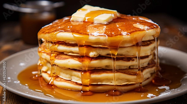 Obraz A stack of fluffy pancakes with a pat of melting butter and a drizzle of maple syrup