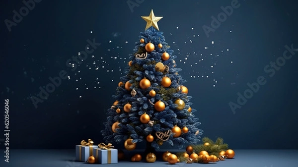 Fototapeta Christmas tree with decoration in the navy blue background. Generative Ai