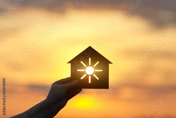 Fototapeta Hand holds a wooden house in the form of a sun