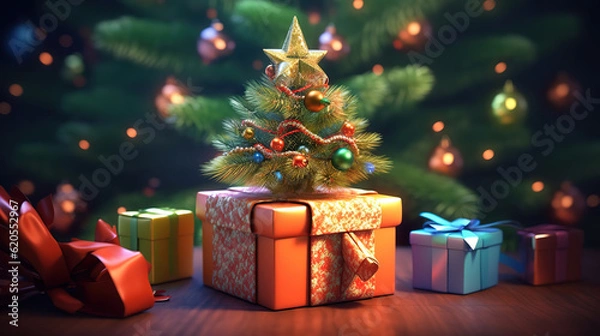 Fototapeta christmas gift over colorful christmas lights. Generative Ai