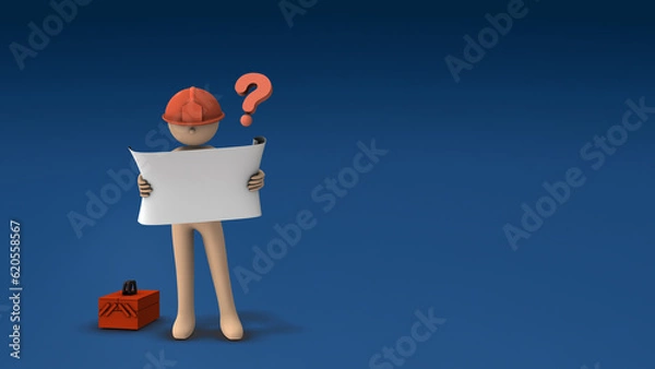 Obraz 図面を見るエンジニア。彼は疑問が解決できず困惑している。