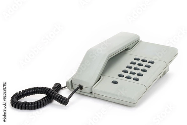 Fototapeta Grey vintage telephone from the eighties isolated on completely white background