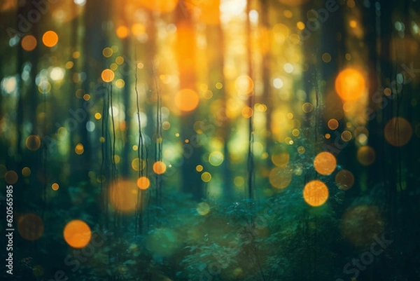 Fototapeta Blurred forest in the morning, defocused trees background with bokeh effect. Generative AI.