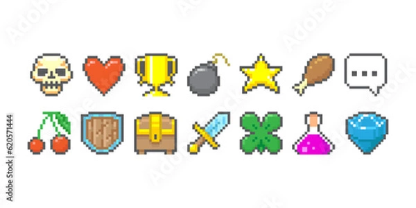 Fototapeta Colorful simple 8bit pixel art graphic symbols group collection. Skull, heart, goblet, bomb, cherry, chest, phrase, star, food