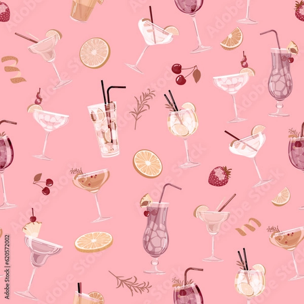 Fototapeta Vector seamless pattern with colorful tropical cocktails on a pink background in a flat style. Perfect for print, wrapping paper, wallpaper, fabric design.