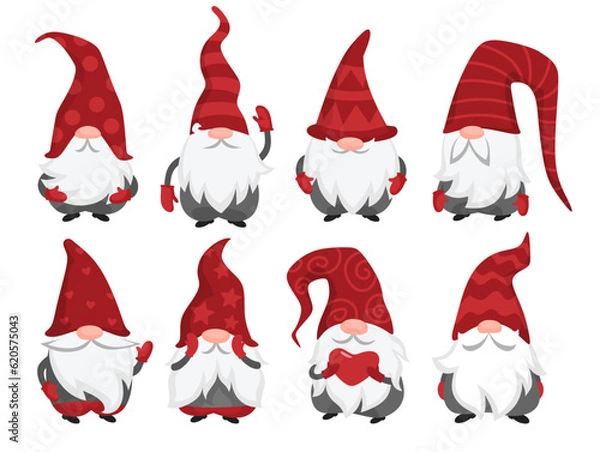Obraz Set of cute gnomes with long beards and red hats isolated on white background. Scandinavian cartoon gnome characters for Christmas design and decoration. Fairy tale dwarfs vector collection.
