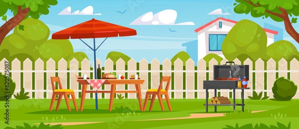 Obraz Backyard BBQ party background. Food and drinks on the table under an umbrella, chairs, and a grill in the garden of a house in summer. Cooking meat on a barbecue. Cartoon vector illustration.