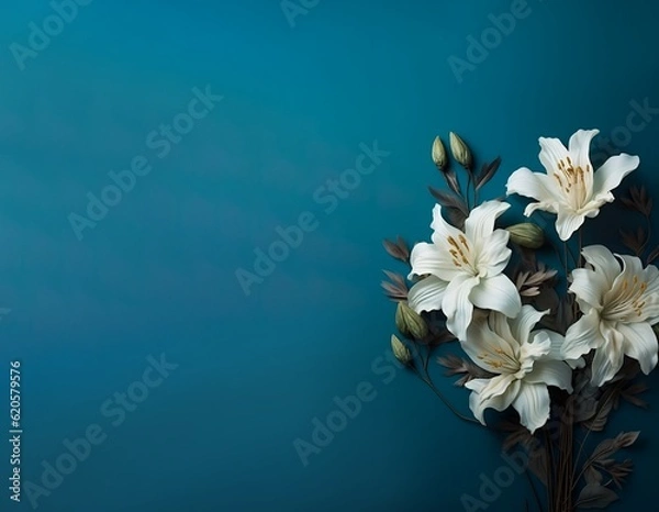 Fototapeta White lilies on a blue background. Flowers for a wedding or funeral ceremony. AI generated