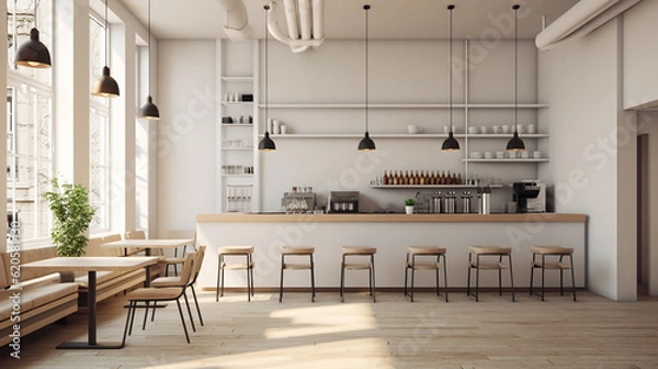 Fototapeta Minimalist coffee shop with white walls, furnished with simple furniture in neutral colors, sense of calm and serenity.