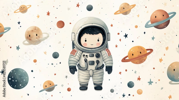 Fototapeta Generative ai cute astronaut space pattern.