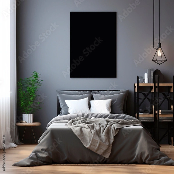 Fototapeta Generative AI.Black frame in comfortable bedroom interior mockup empty.