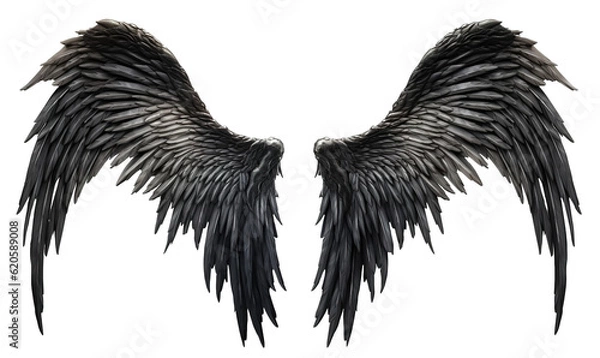 Fototapeta spread black dark demon feather angel wings on transparent background