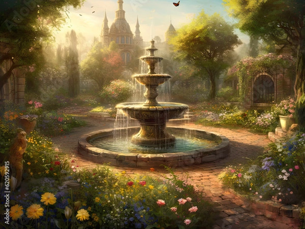Fototapeta Enchanting Medieval Garden with Water Fountain