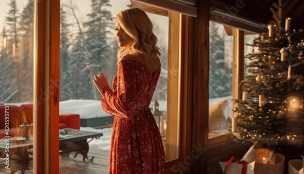 Fototapeta Merry Christmas. Beautiful Xmas woman dressed up for Christmas in the holidays. Generative AI illustrations