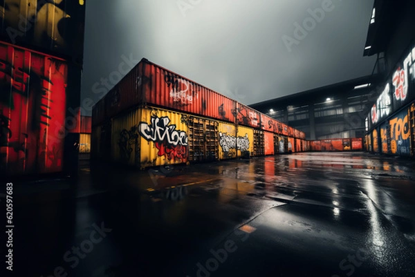 Obraz Abandoned suburbia, night, noir atmosphere, building with graffiti walls